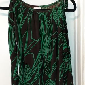 Brown and green cold shoulder long sleeve blouse